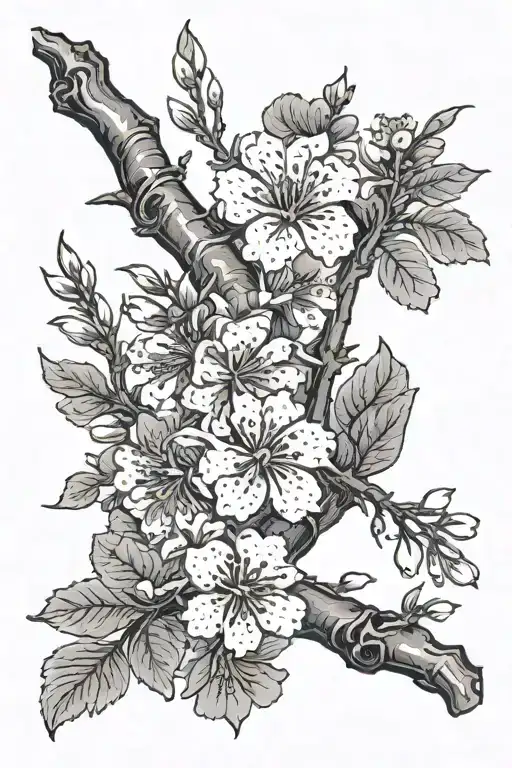 Cherry blossom branche fine line detailing surrounded tattoo design idea