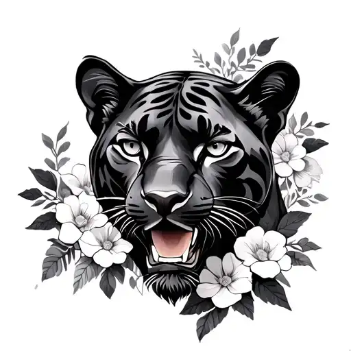 Neo traditional panther with flowers around the outside tattoo design idea