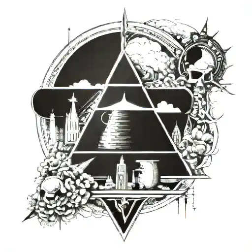 Create a graphic drawing on the theme of the Pink Floyd group with many details tattoo design idea