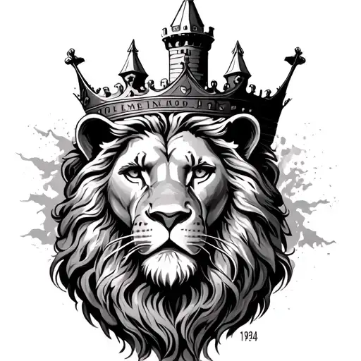 at the top of the tattoo, I want a castle shaped like a crown. below that, a male lion face. then Roman numerals 1984 tattoo design idea