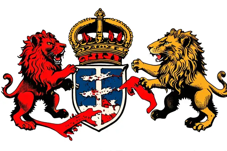 O'Reilly crest, with out the name, with two lions facing eachother with a severed bloody hand between them tattoo design idea