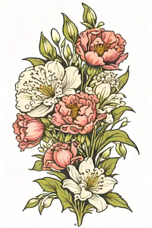 carnation and snowdrop with daisy/sweet pea flower tattoo design idea