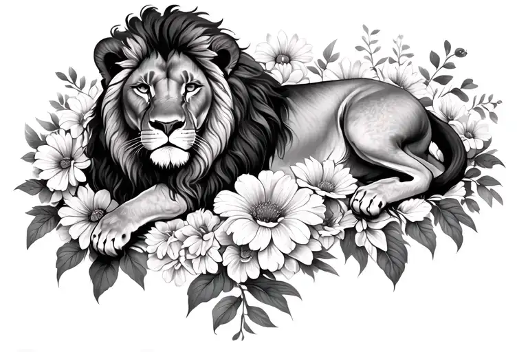 lion laying on bed of flowers tattoo design idea