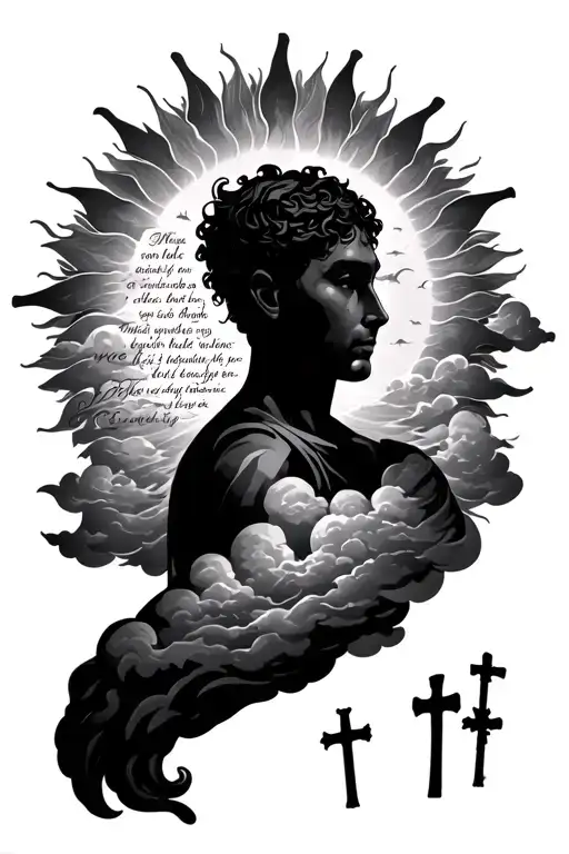 sun and clouds on shoulder with bible verse under and 3 crosses close to my elbow  tattoo design idea
