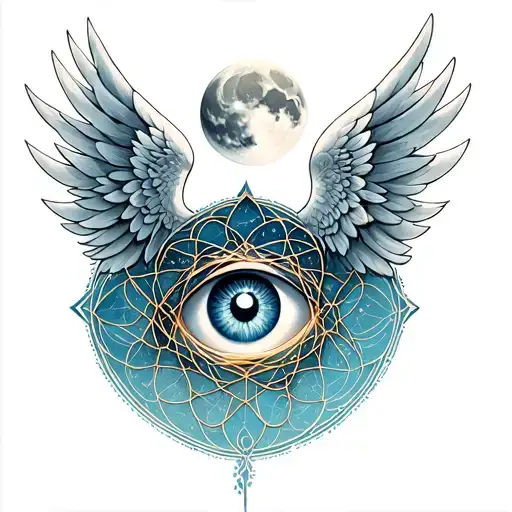 six angel wings with eye surrounded and mandal moon in geometrical flower of life tattoo design idea