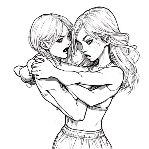 Girl putting another girl in a headlock, fighting each other, angry faces tattoo design idea