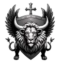 Shield with initials with wings sustained by a lion and a full -body bull tattoo design idea