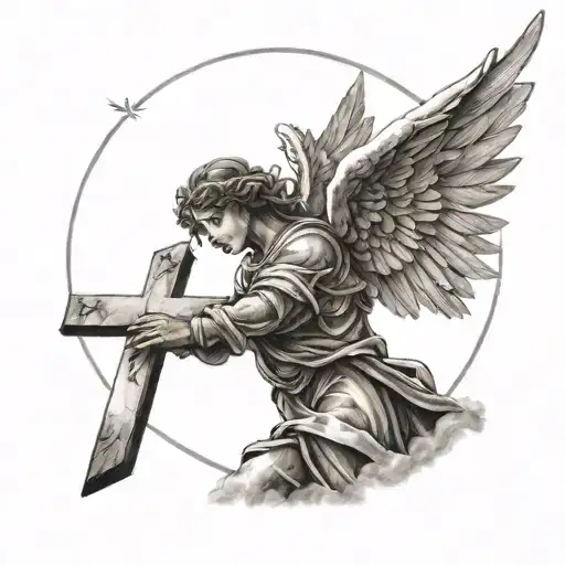 angel holding a cross into the sky with the sun shining tattoo design idea