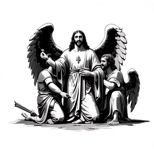 Jesus with expanded wings with two guardian angel knights wearing the armor of god kneeling on one knee below Jesus with tattoo design idea