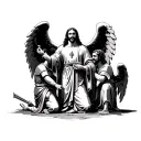 Jesus with expanded wings with two guardian angel knights wearing the armor of god kneeling on one knee below Jesus with tattoo design idea