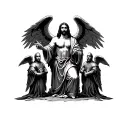 Jesus with expanded wings with two guardian angel knights wearing the armor of god kneeling on one knee below Jesus with tattoo design idea