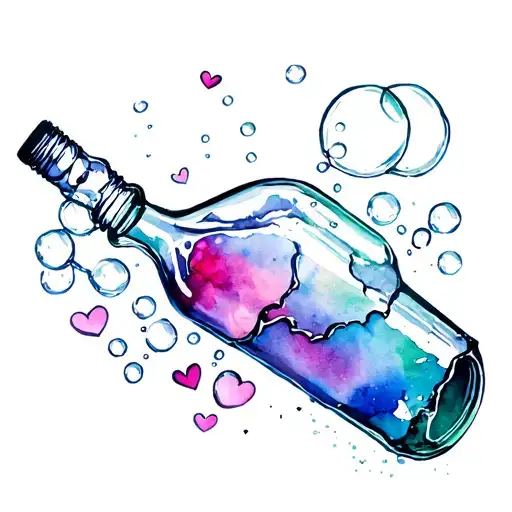 broken bottle with bubbles and hearts coming out tattoo design idea