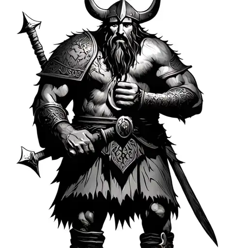 viking figure, old, battle scars, Nordic writings, very easy drawing from the cave  tattoo design idea