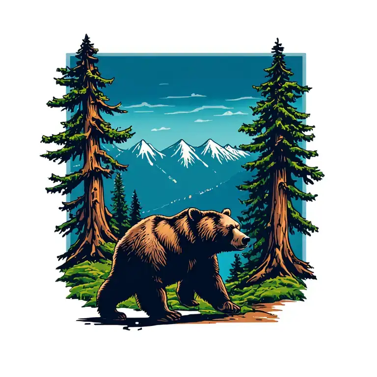 california republic bear walking in the redwoods with the Hyperion tree in the background tattoo design idea