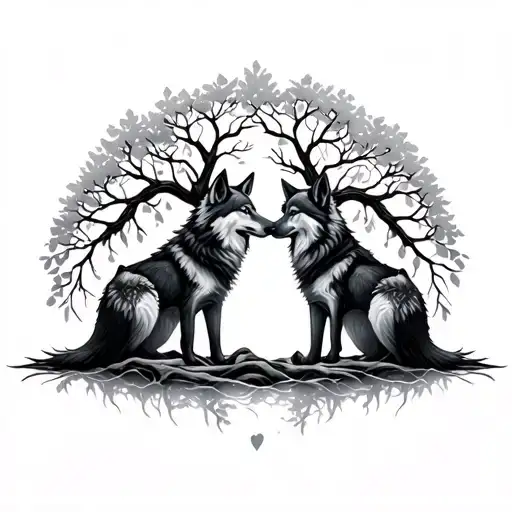 eternal love wolves  lover couple  and the tree of life  tattoo design idea