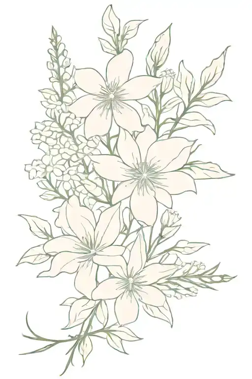 bouqet with larkspur, aster, carnation, and two daisy  tattoo design idea