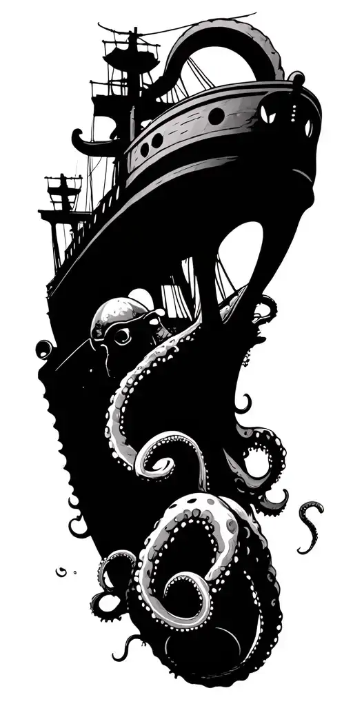 sunken underwater ship wreck with scuba diver and octopus tentacles tattoo design idea