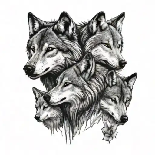 5 Wolves representing family, 2 adults, 3 youngens tattoo design idea