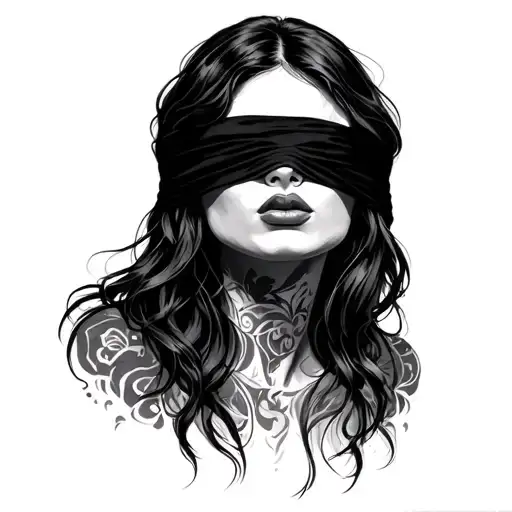 woman face shushing people with a blindfold tattoo design idea
