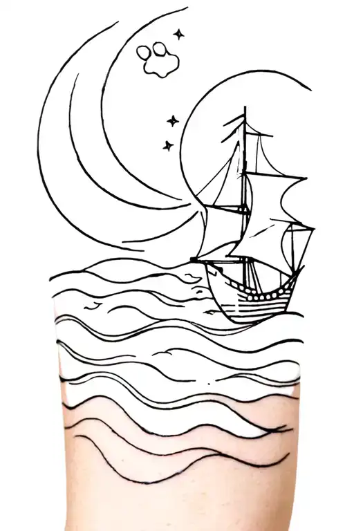 ship, sun and moon, waves, paw print merged tattoo design idea