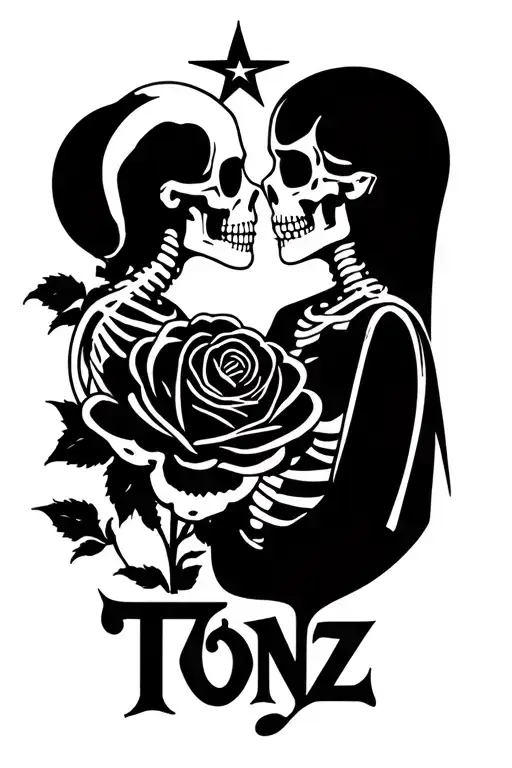 the word 'Tonz' 2 skeletons kissing and Star transforming into a rose tattoo design idea