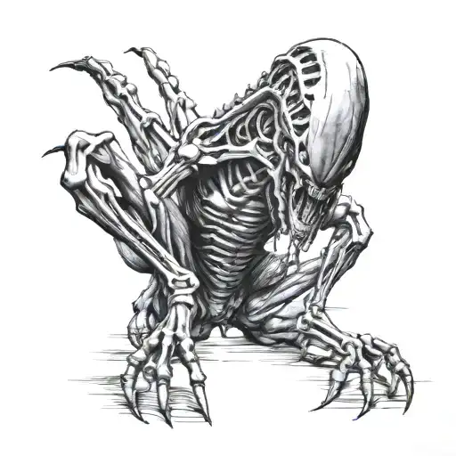 xenomorph crawling down leg tattoo design idea
