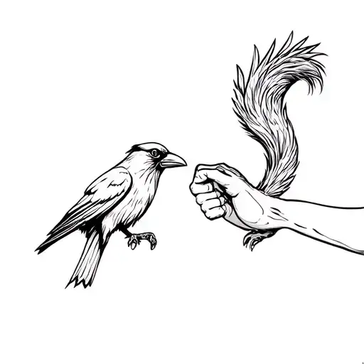 a Raven and a squirrel fist bumping. the raven's foot will form a fist to bump with the squirrel's hand.  tattoo design idea
