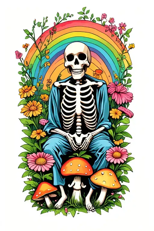 Skeleton gardener surrounded by flowers and mushrooms and rainbow tattoo design idea