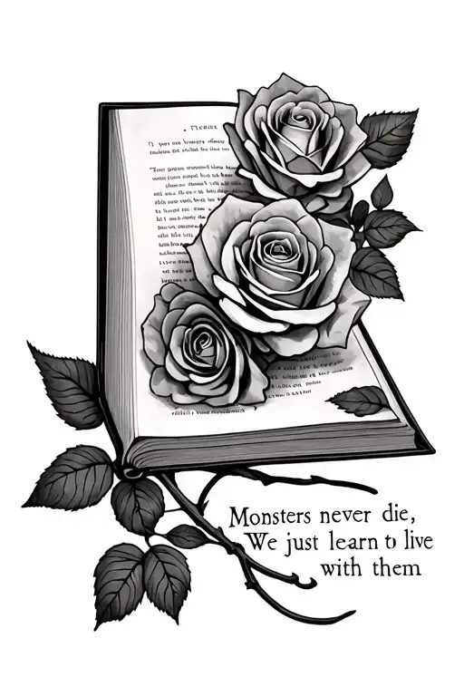 open Book text 'Monsters never die,We just learn to live with them' Roses, Dark Romance tattoo design idea