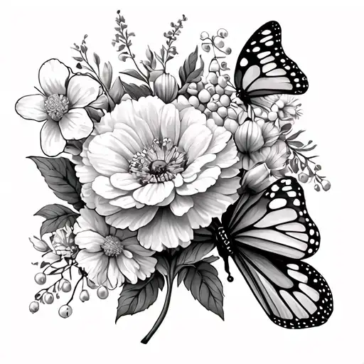 Carnation, daffodil, Lily of the valley, aster, chrysanthemum, butterfly's und a cross. Tattoo knee to lower ribcage tattoo design idea