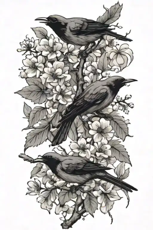 sideways skinny spooky scary cherry branch with minimal blossoms and four small solid black birds sitting on branch  tattoo design idea