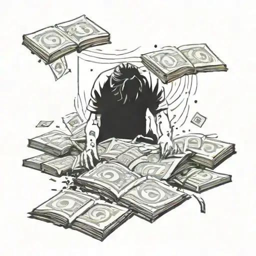 An intricate design of a student studying with money raining down around them tattoo design idea