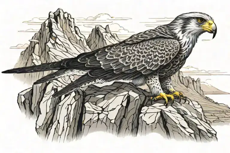 mountains with one periguine falcon perched on rocks surrounded tattoo design idea