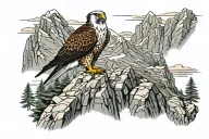 mountains with one periguine falcon perched on rocks surrounded tattoo design idea