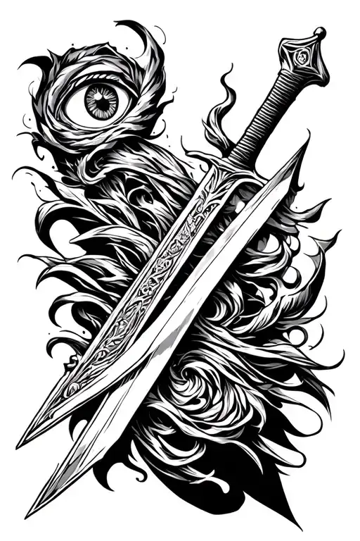 a sword with a long blade and a sketch -style handle with an eye in the center tattoo design idea