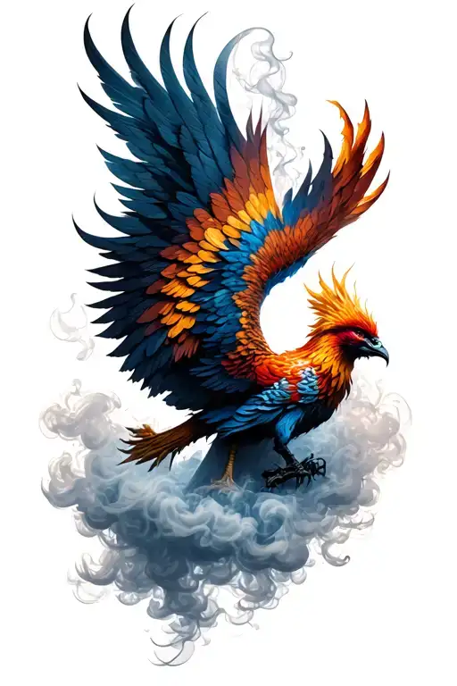 A phoenix that rises from smoke, with subtle images of drugs, cigarettes or dark shapes in the smoke. tattoo design idea