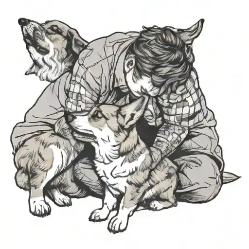 a man squating kissing his dogs nose, the dog is a corgi tattoo design idea