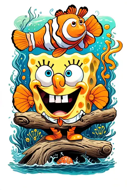 Nemo, sponge bob, magic school bus, driftwood, under the sea mural tattoo design idea