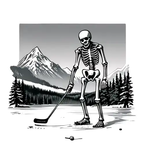 golf skeleton, hockey background w mountains on frozen lake tattoo design idea