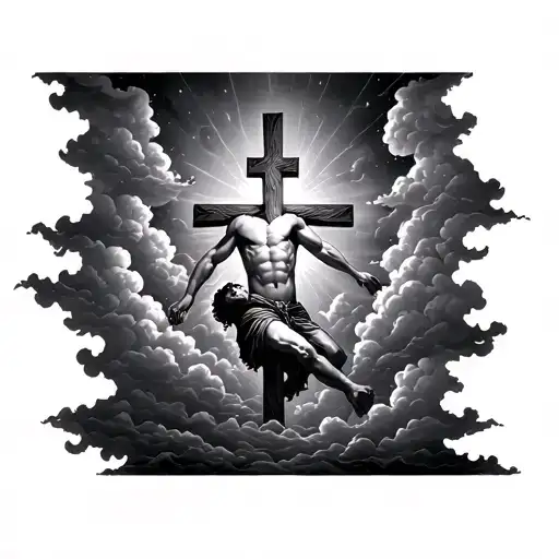 cross with man falling into clouds tattoo design idea
