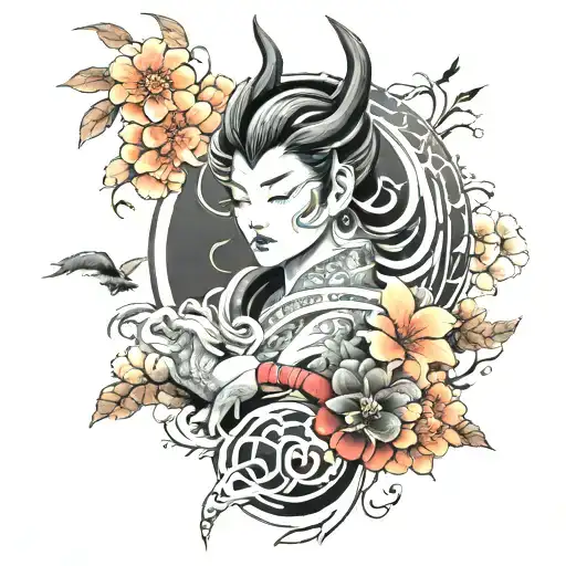  “Design a luxurious and classy Japanese-inspired full sleeve tattoo in black ink with bright accents. The sleeve should tattoo design idea