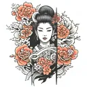  “Design a luxurious and classy Japanese-inspired full sleeve tattoo in black ink with bright accents. The sleeve should tattoo design idea