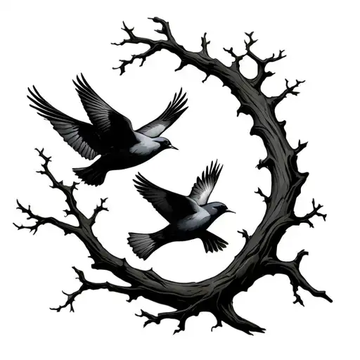 masculine tree branch arm band with two birds flying  tattoo design idea
