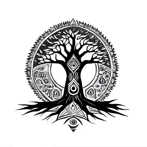 baobab tree silhouette filled with geometric tribal shapes and surrounded by maori style drawings tattoo design idea