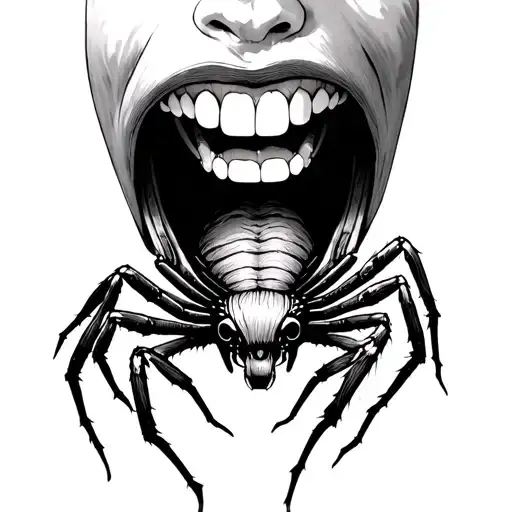 blackwork goth tattoo of an upside down spider that's coming from inside a mouth (The spider is placed in the tongue whi tattoo design idea