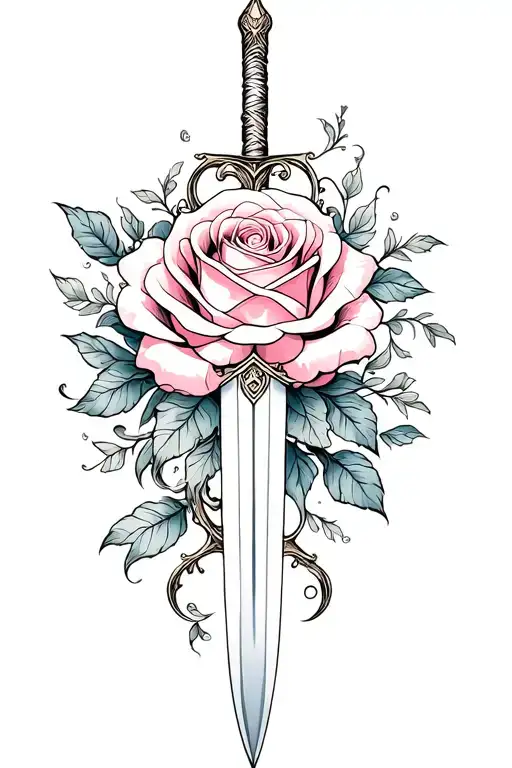 A beautiful and intricate design of the Beauty and the Beast enchanted rose intertwined with the Mulan family sword tattoo design idea