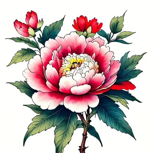 peony Japanese flowers blooming with pinks reds purple and yellow  tattoo design idea
