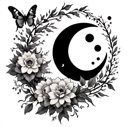 spine tattoo with moon phases and vines running fown the back with moths and dahlia flowers  tattoo design idea