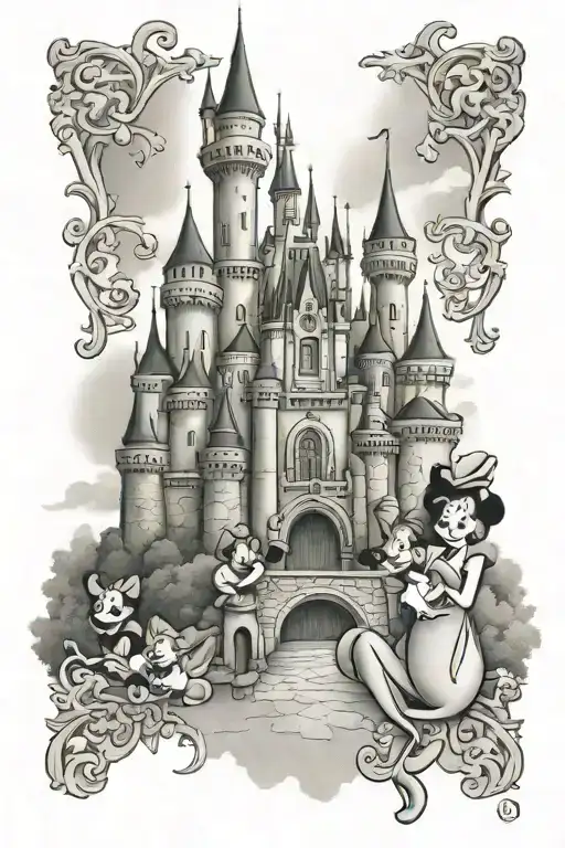 family at Disney castle tattoo design idea