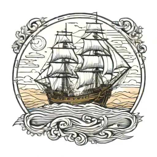 majestic sailing ship moored at a desert island. landscape scene.  tattoo design idea
